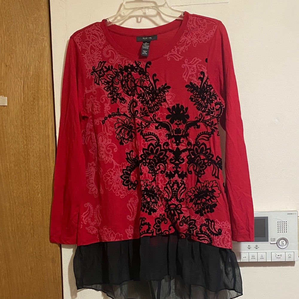 Red and Black, Long Sleeve Top with Sheer Hem Open to Offer!